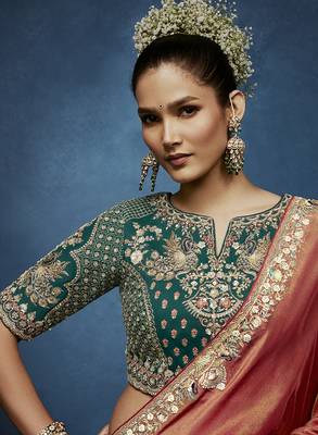 Rust fancy fabric embroidered saree with stiched blouse 2