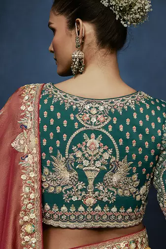 Rust fancy fabric embroidered saree with stiched blouse