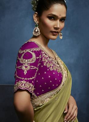 Light green fancy fabric embroidered saree with stiched blouse 3