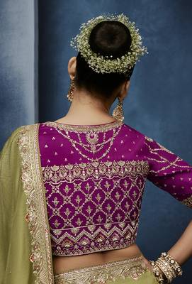 Light green fancy fabric embroidered saree with stiched blouse 4