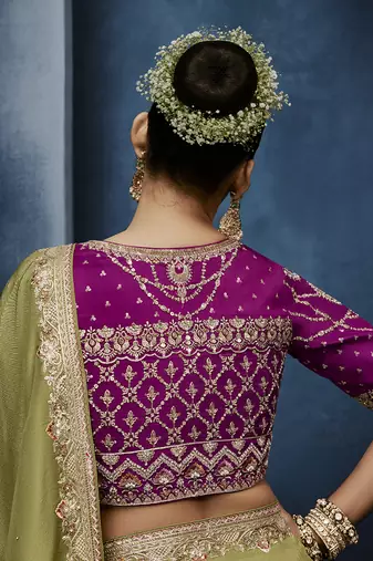 Light green fancy fabric embroidered saree with stiched blouse