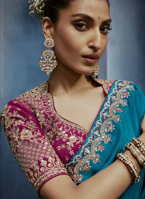 Aqua blue fancy fabric embroidered saree with stiched blouse 3