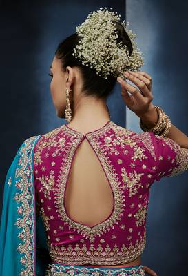 Aqua blue fancy fabric embroidered saree with stiched blouse 4
