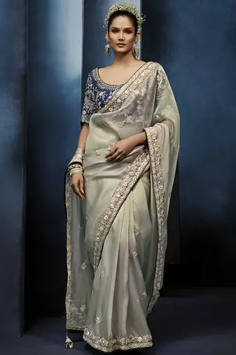 Light grey fancy fabric embroidered saree with stiched blouse