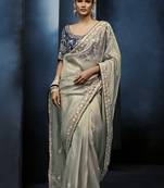 Light grey fancy fabric embroidered saree with stiched blouse