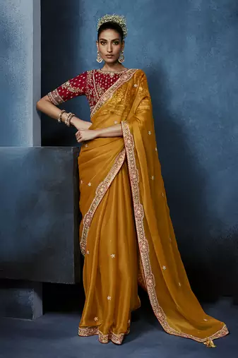 Orange fancy fabric embroidered saree with stiched blouse
