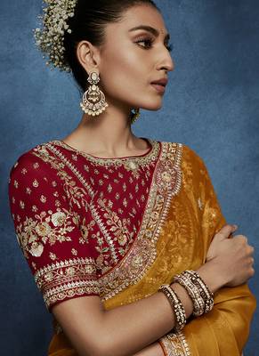 Orange fancy fabric embroidered saree with stiched blouse 2