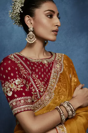 Orange fancy fabric embroidered saree with stiched blouse