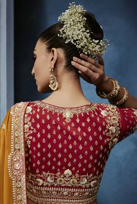 Orange fancy fabric embroidered saree with stiched blouse 3