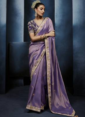 Lavender fancy fabric embroidered saree with stiched blouse 1