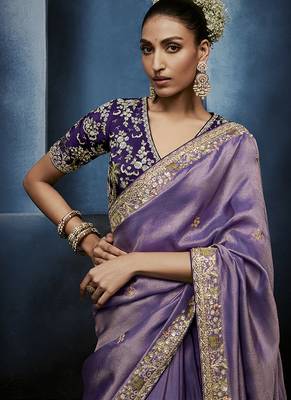 Lavender fancy fabric embroidered saree with stiched blouse 2