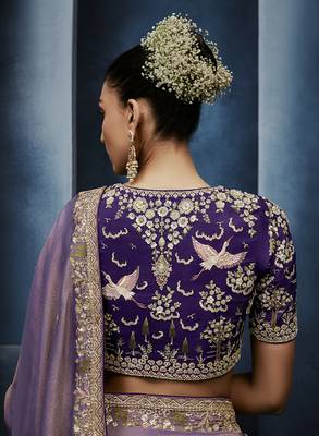 Lavender fancy fabric embroidered saree with stiched blouse 3