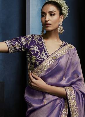 Lavender fancy fabric embroidered saree with stiched blouse 4