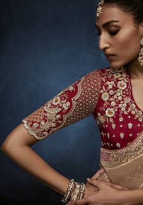 Beige fancy fabric embroidered saree with stiched blouse 2