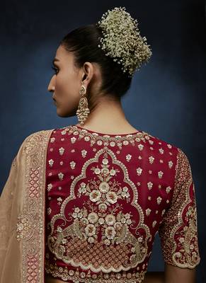 Beige fancy fabric embroidered saree with stiched blouse 3