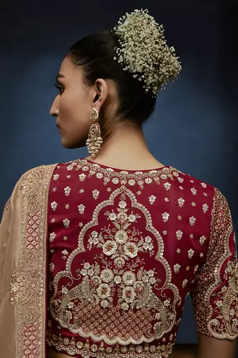 Beige fancy fabric embroidered saree with stiched blouse