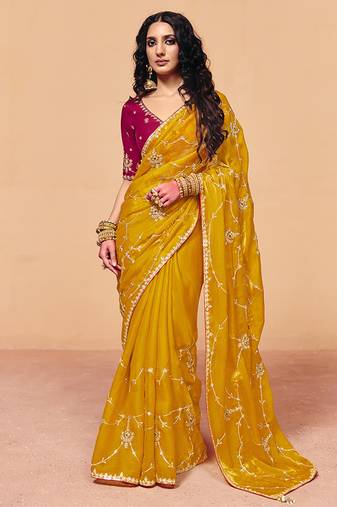 Mustard yellow faux organza satin saree with embroidery