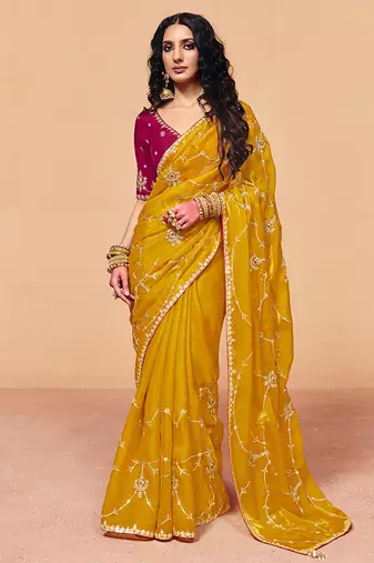 Mustard yellow faux organza satin saree with embroidery