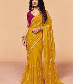 Mustard yellow faux organza satin saree with embroidery