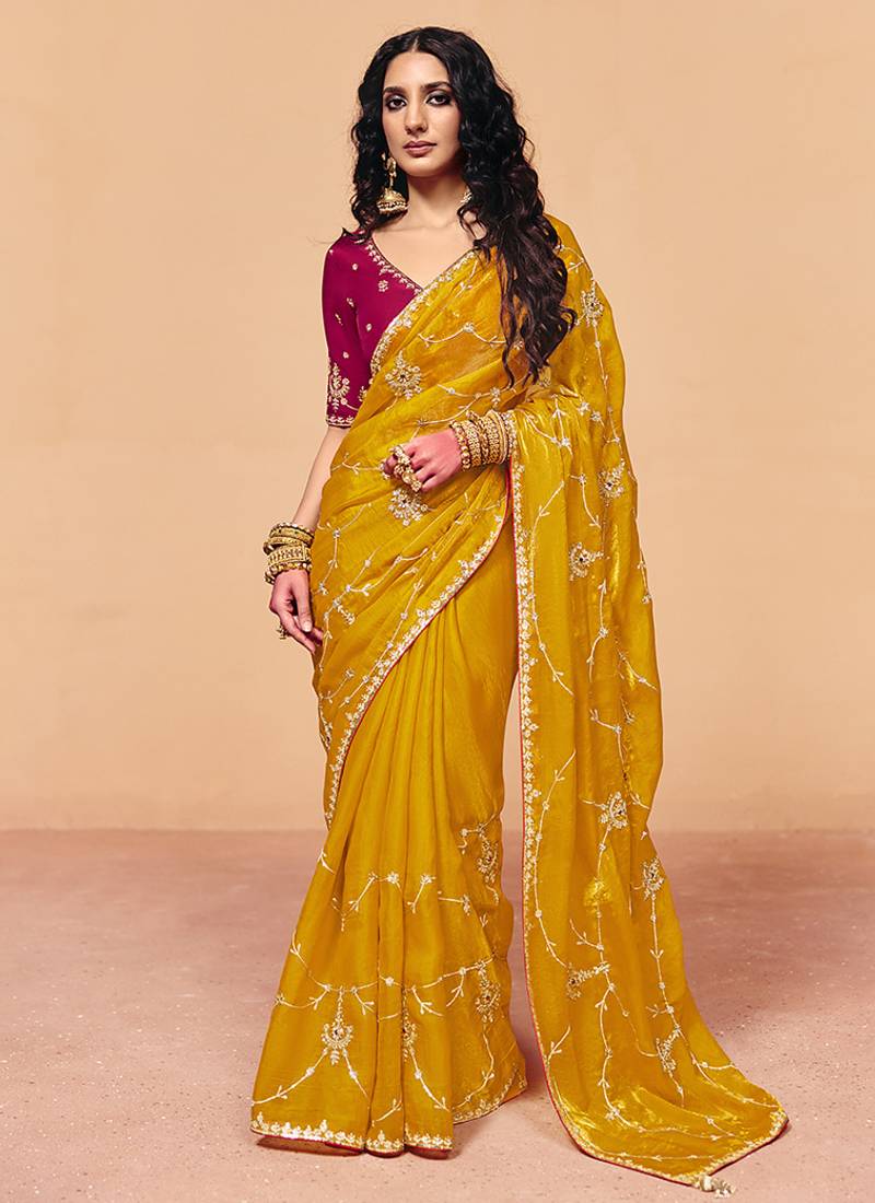 Mustard yellow faux organza satin saree with embroidery