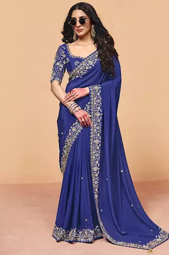 Navy blue faux organza satin saree with embroidery