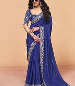 Navy blue faux organza satin saree with embroidery