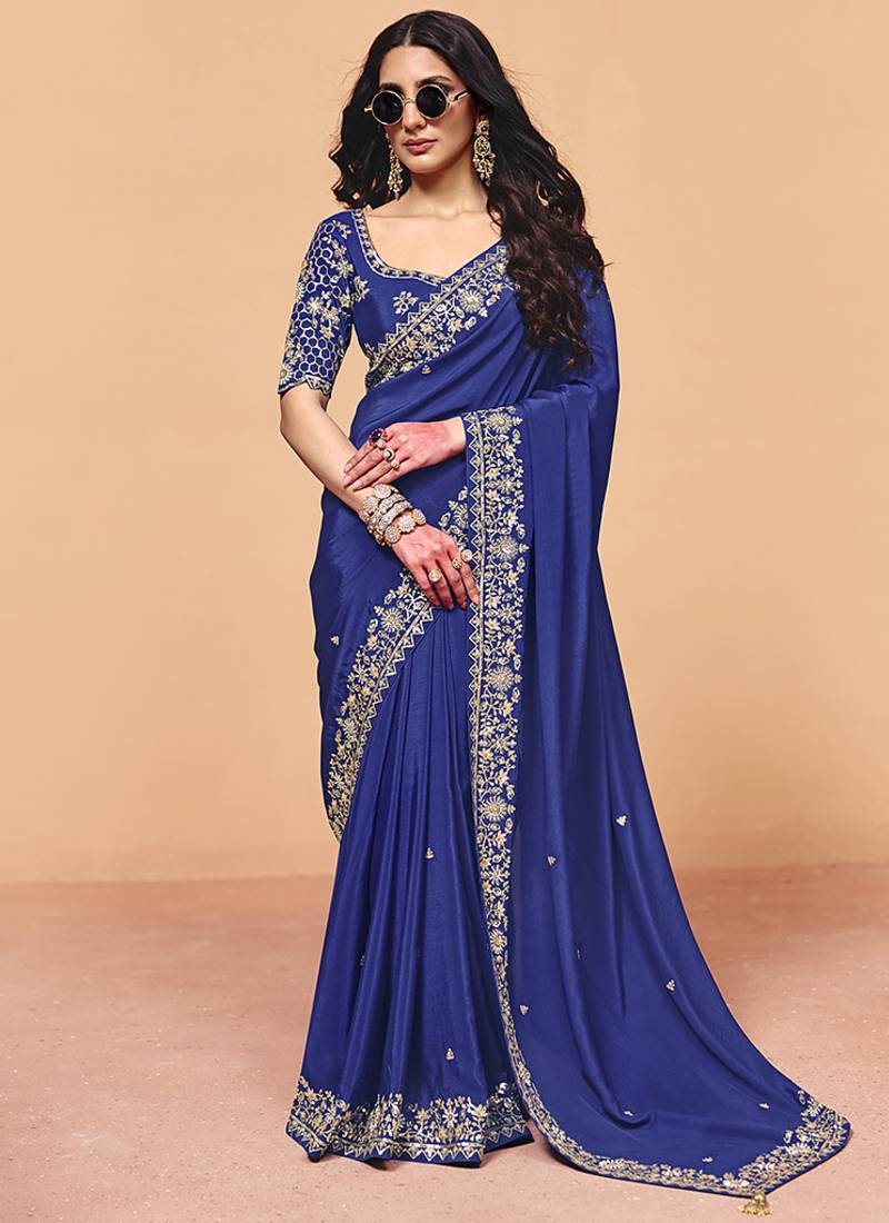 Navy blue faux organza satin saree with embroidery