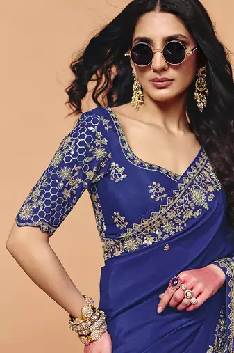 Navy blue faux organza satin saree with embroidery