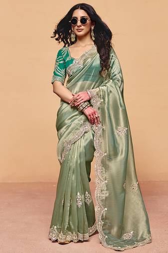 Sea green faux organza satin saree with embroidery
