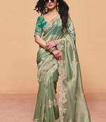 Sea green faux organza satin saree with embroidery