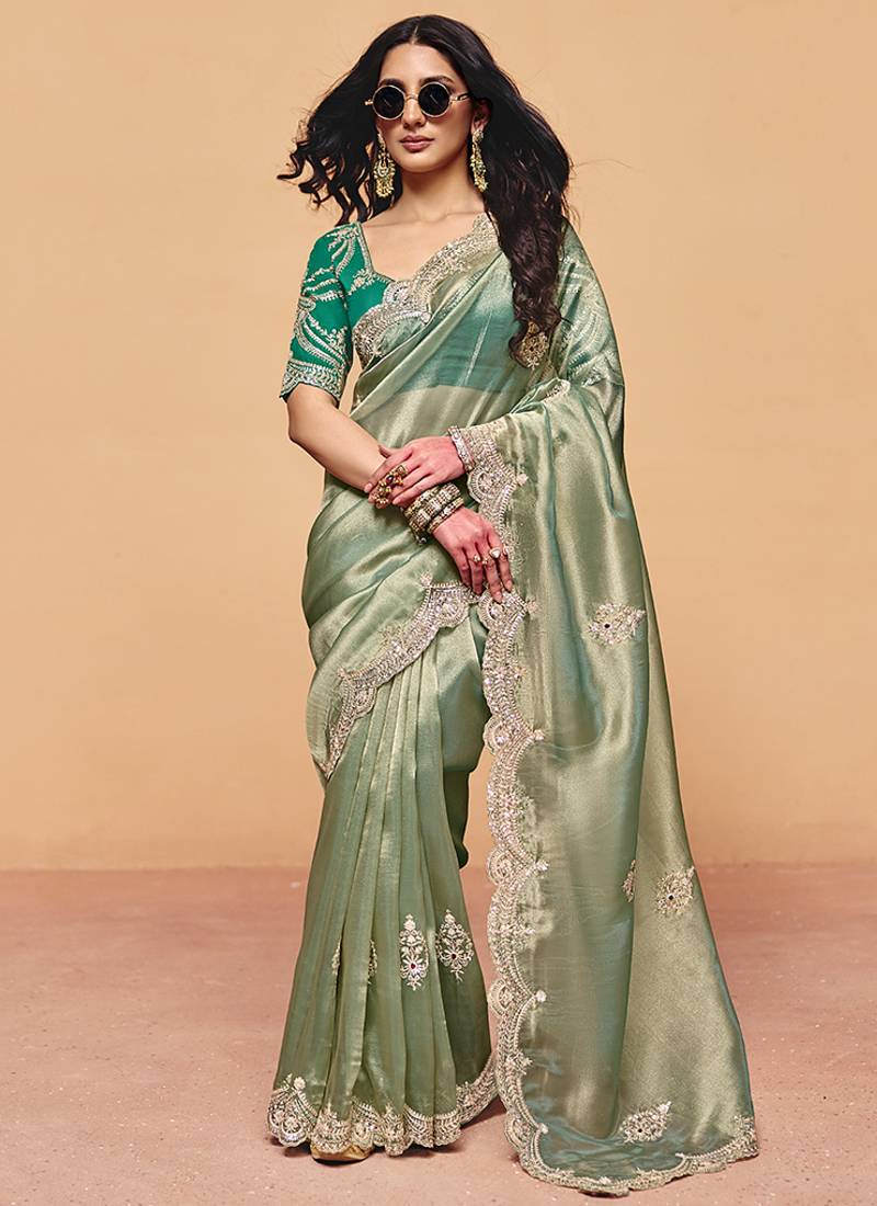 Sea green faux organza satin saree with embroidery