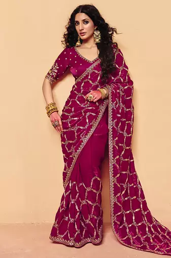 Rani pink faux organza satin saree with embroidery
