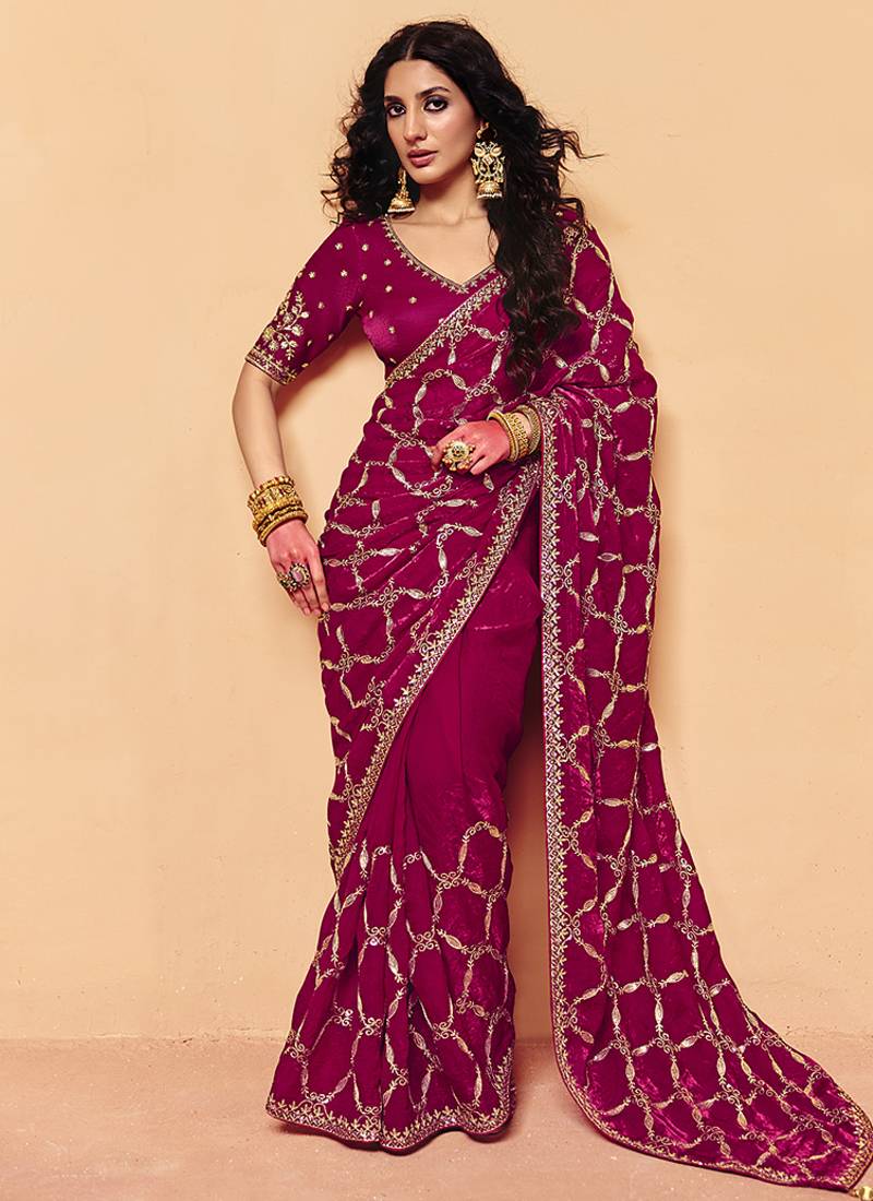 Rani pink faux organza satin saree with embroidery