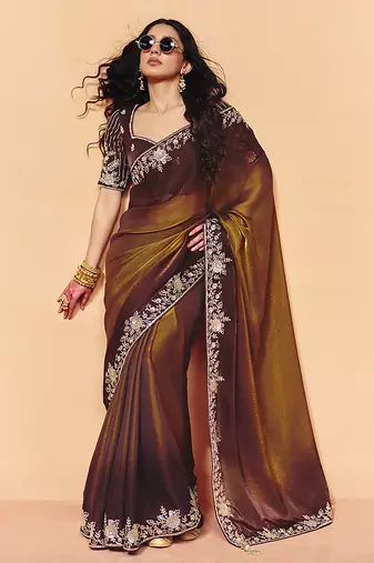 Golden brown faux organza satin saree with embroidery