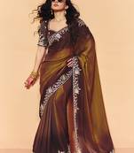 Golden brown faux organza satin saree with embroidery