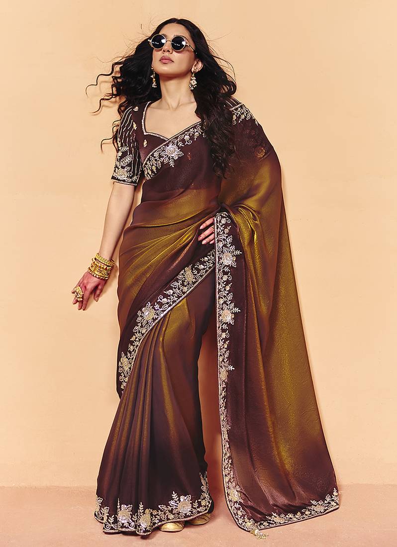 Golden brown faux organza satin saree with embroidery
