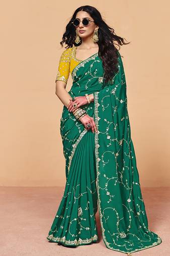 Teal green faux organza satin saree with embroidery