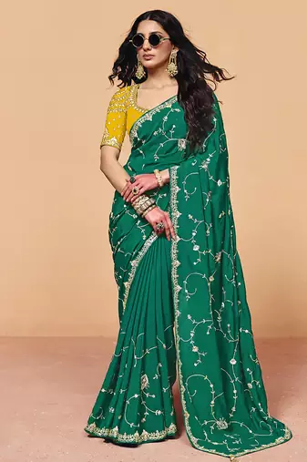 Teal green faux organza satin saree with embroidery
