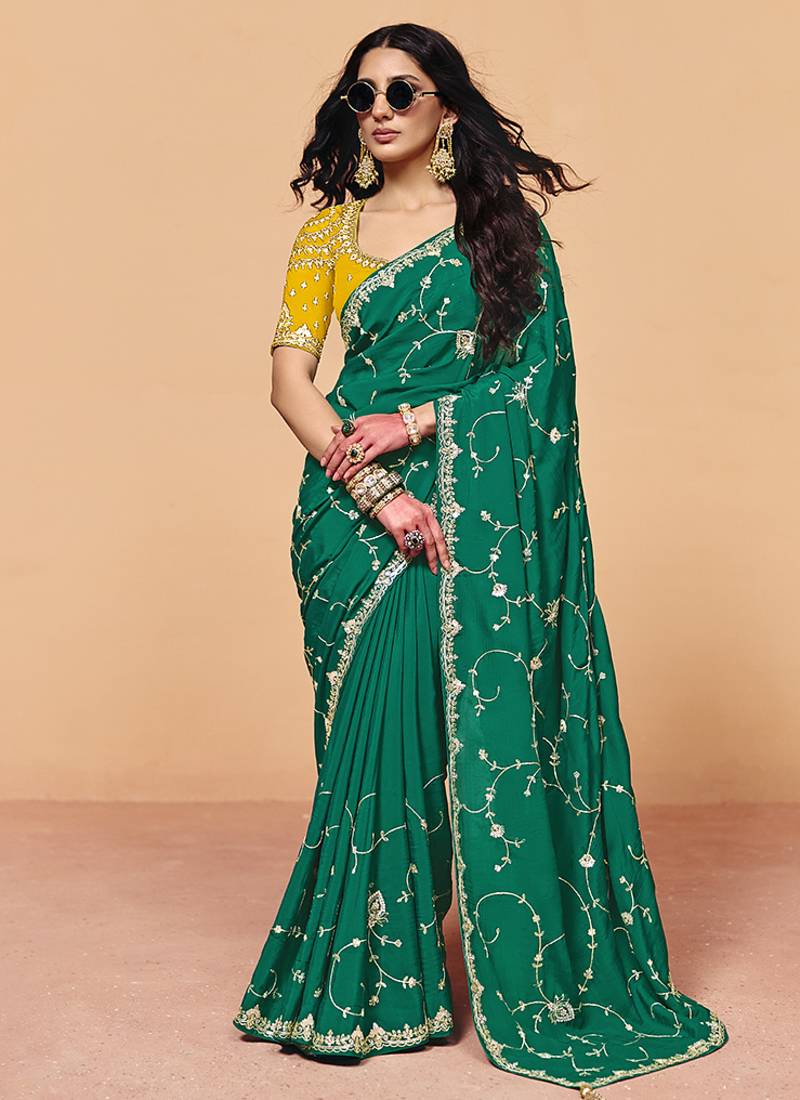 Teal green faux organza satin saree with embroidery