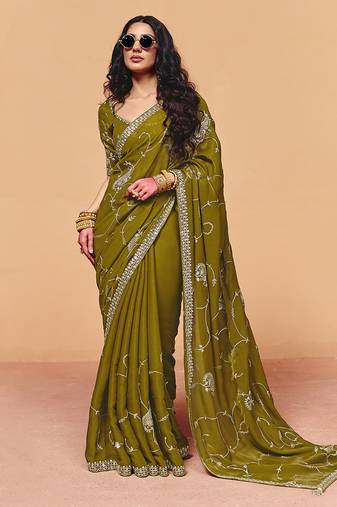 Olive green faux organza satin saree with embroidery