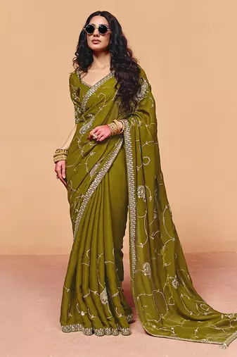 Olive green faux organza satin saree with embroidery