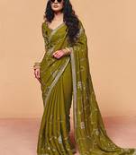 Olive green faux organza satin saree with embroidery