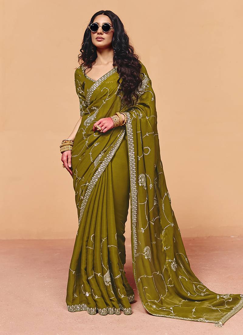 Olive green faux organza satin saree with embroidery