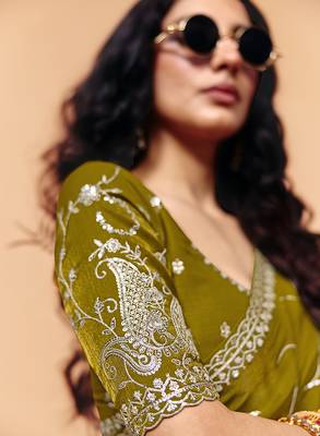 Olive green faux organza satin saree with embroidery 2