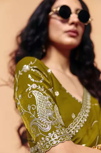 Olive green faux organza satin saree with embroidery