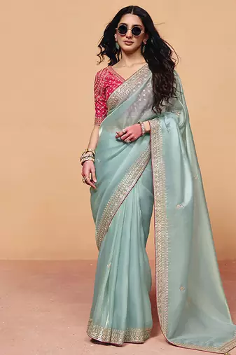 Light blue faux organza satin saree with embroidery