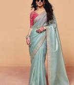 Light blue faux organza satin saree with embroidery