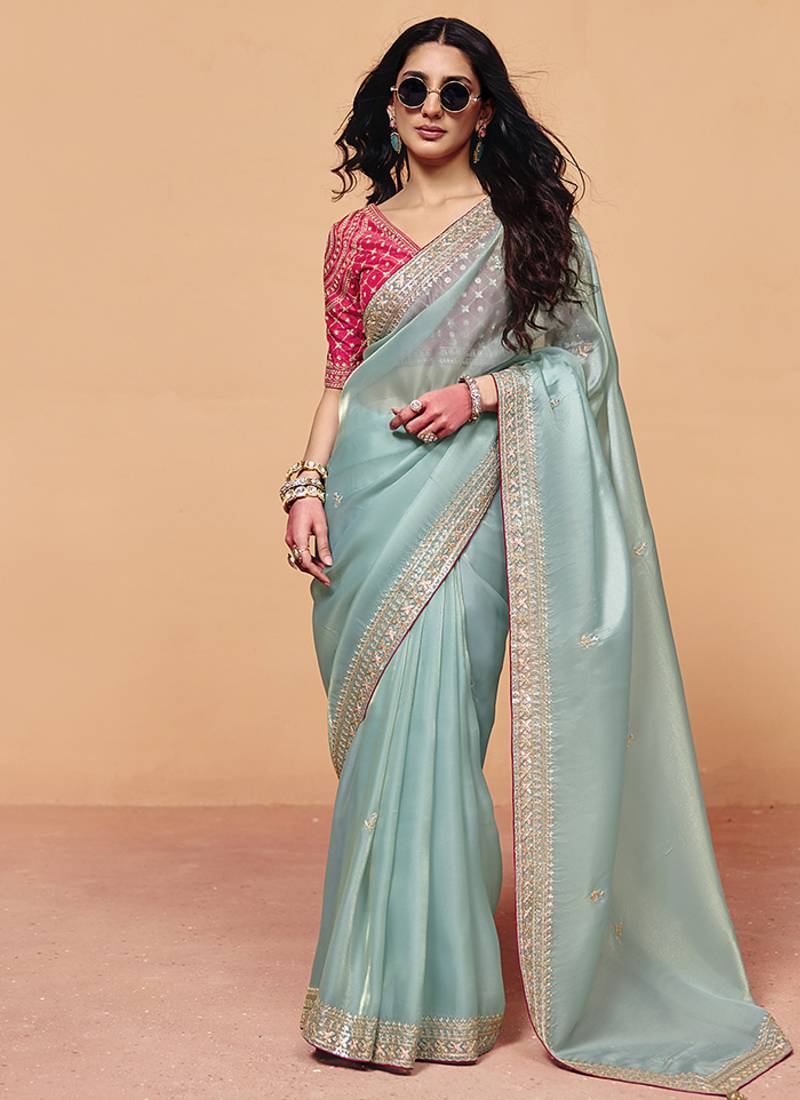 Light blue faux organza satin saree with embroidery