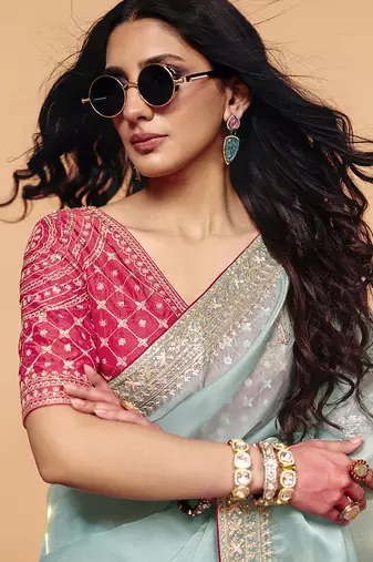Light blue faux organza satin saree with embroidery
