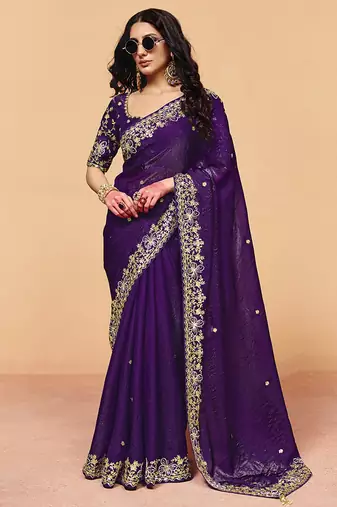 Purple faux organza satin saree with embroidery